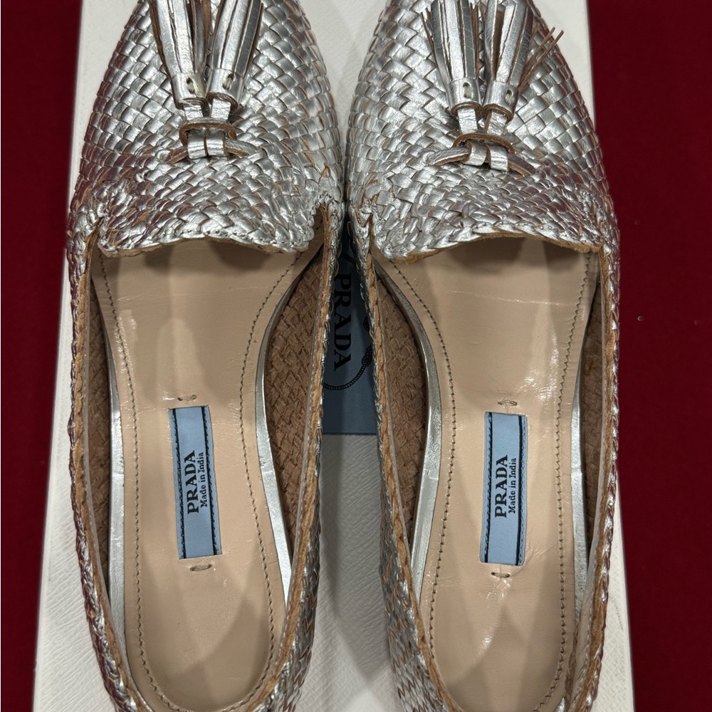 PRADA Silver Madras Metallic Woven Tassel Loafer Shoes Flat Size 36.5
